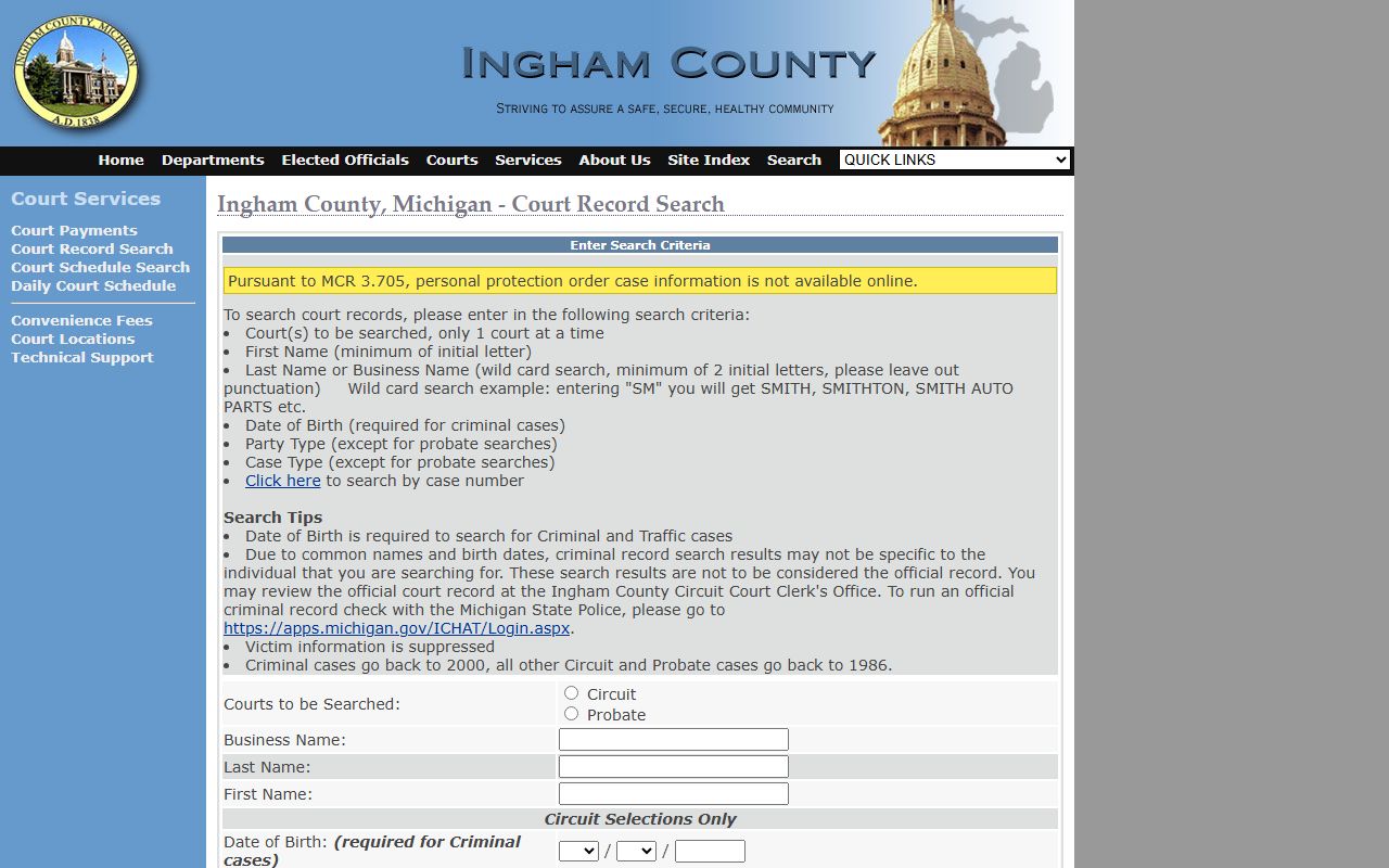 Ingham County court search portal for warrant records