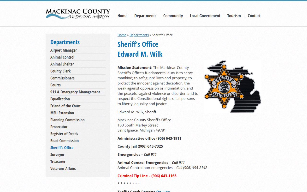 Mackinac County Sheriff website for warrant records information