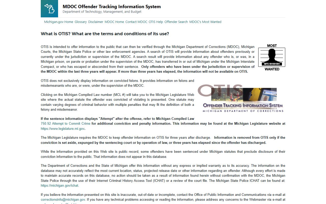 MDOC OTIS offender search for Michigan warrant records