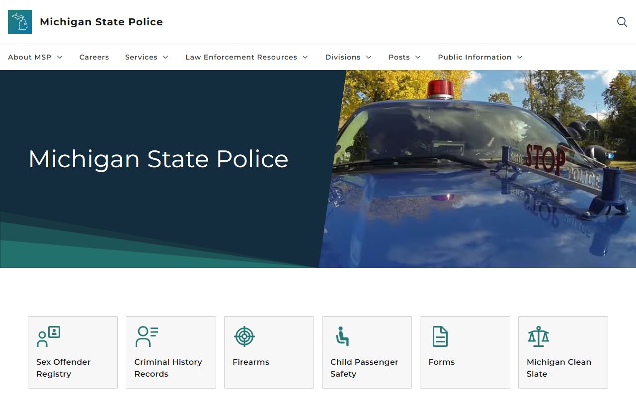 Michigan State Police homepage for warrant records